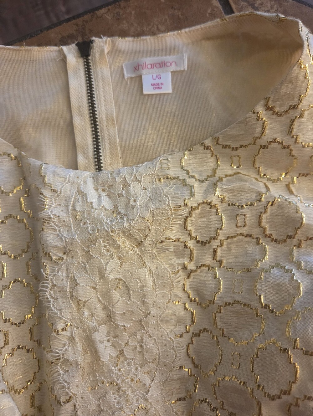 Xhilaration Cream Dress with Gold Brocade and Lace